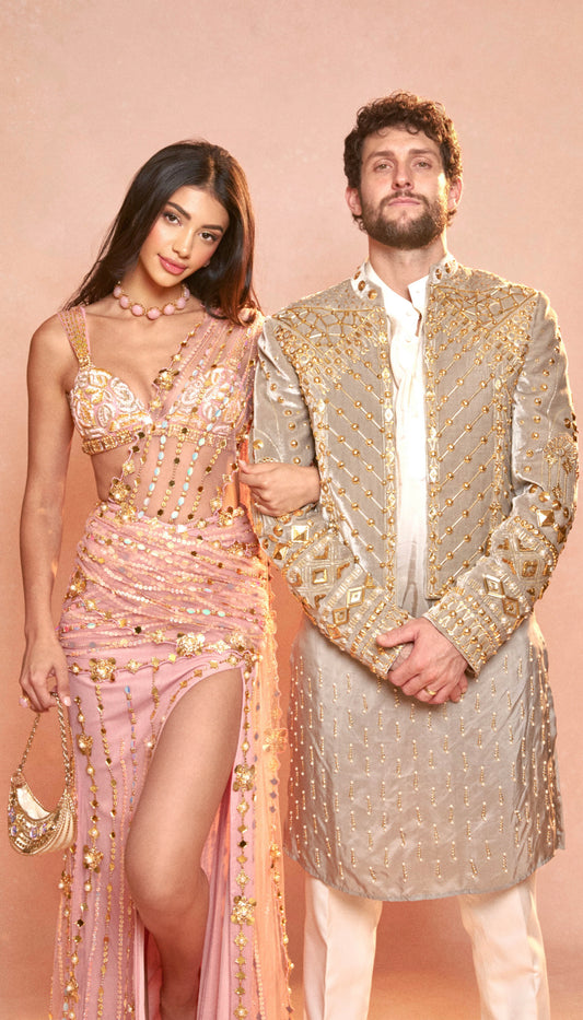 Rose Quartz Romance- pink pre-stitched saree