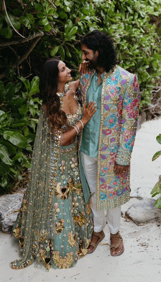 Alexandra in Celeste - Teal Lotus Lehenga Set