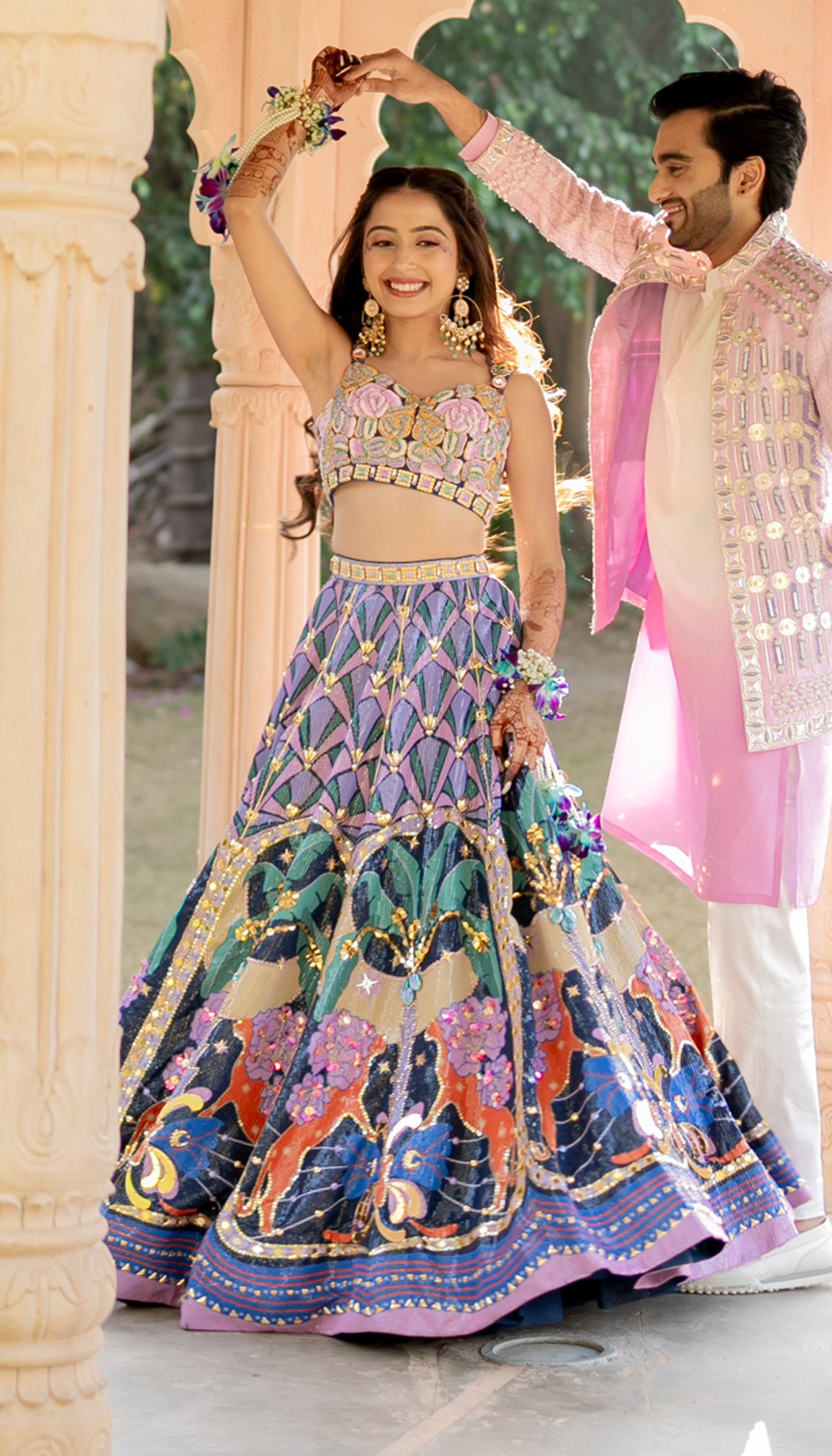 Anisha In Lyons- Tropical Blue Printed And Embellished Full Lehenga