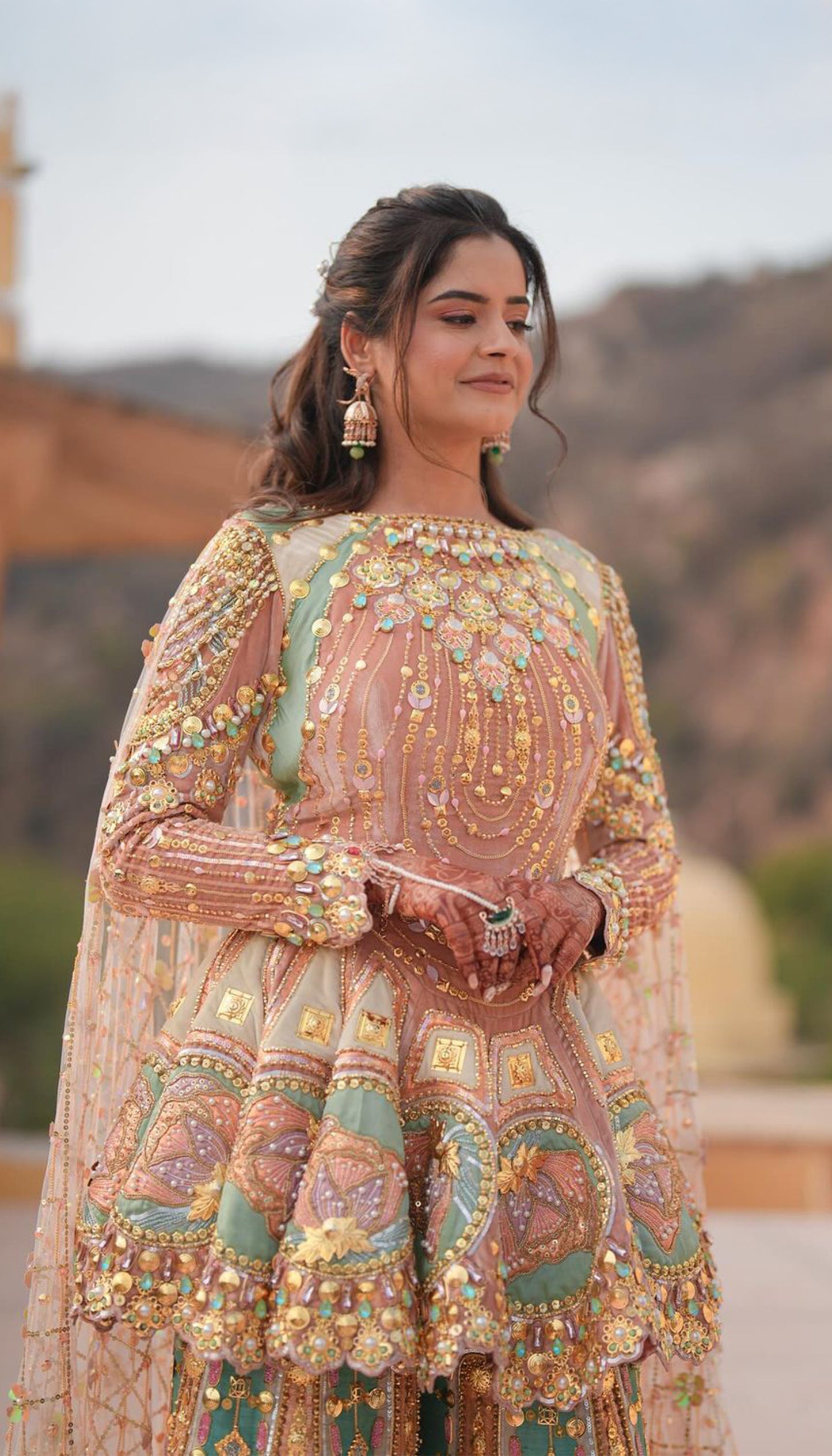 Anjali in Elvina - Brick Brown, Ivory & Teal Sharara Set
