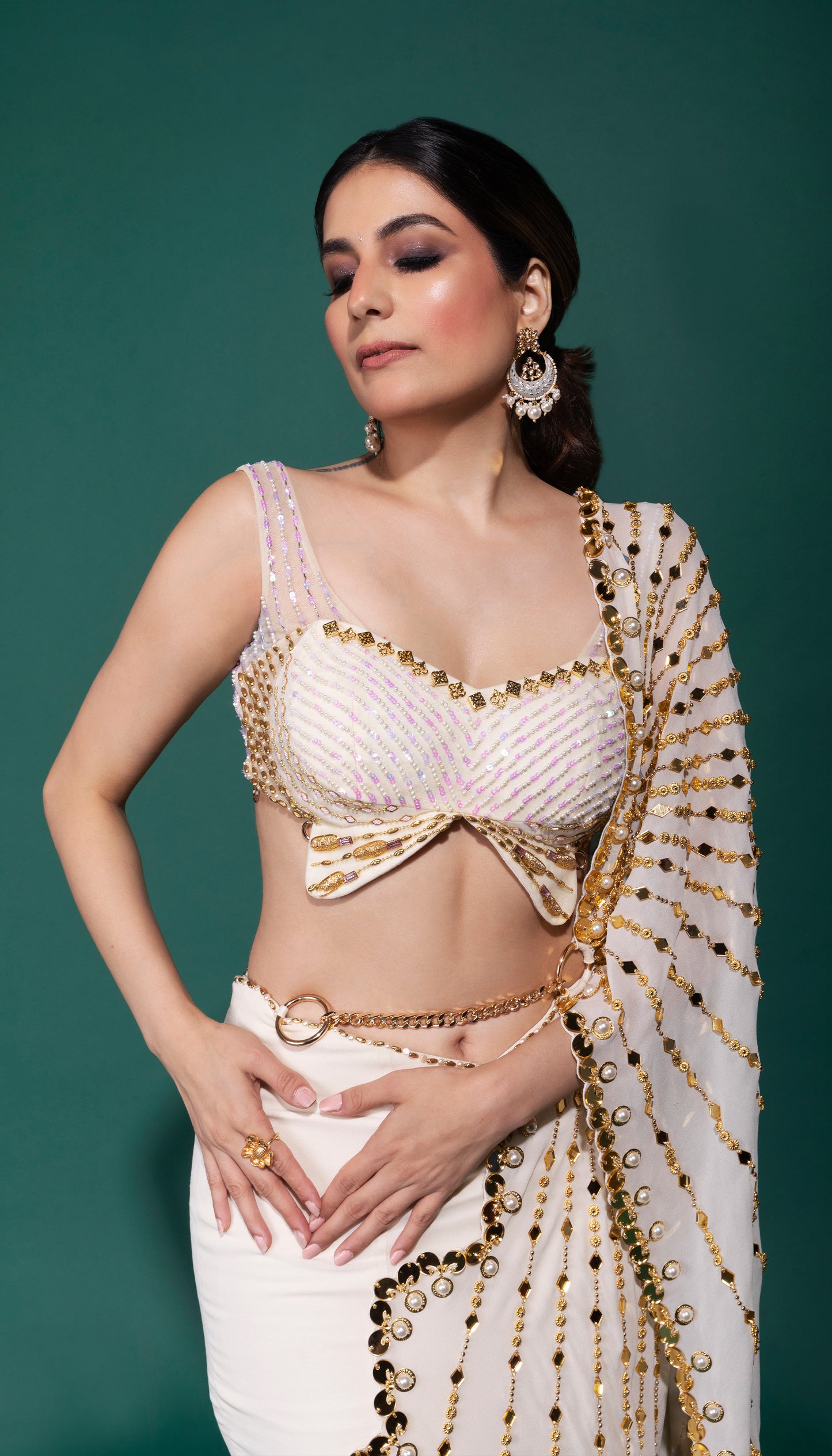 Sobhita in IVORY BALLET- Ivory pre-stitched saree