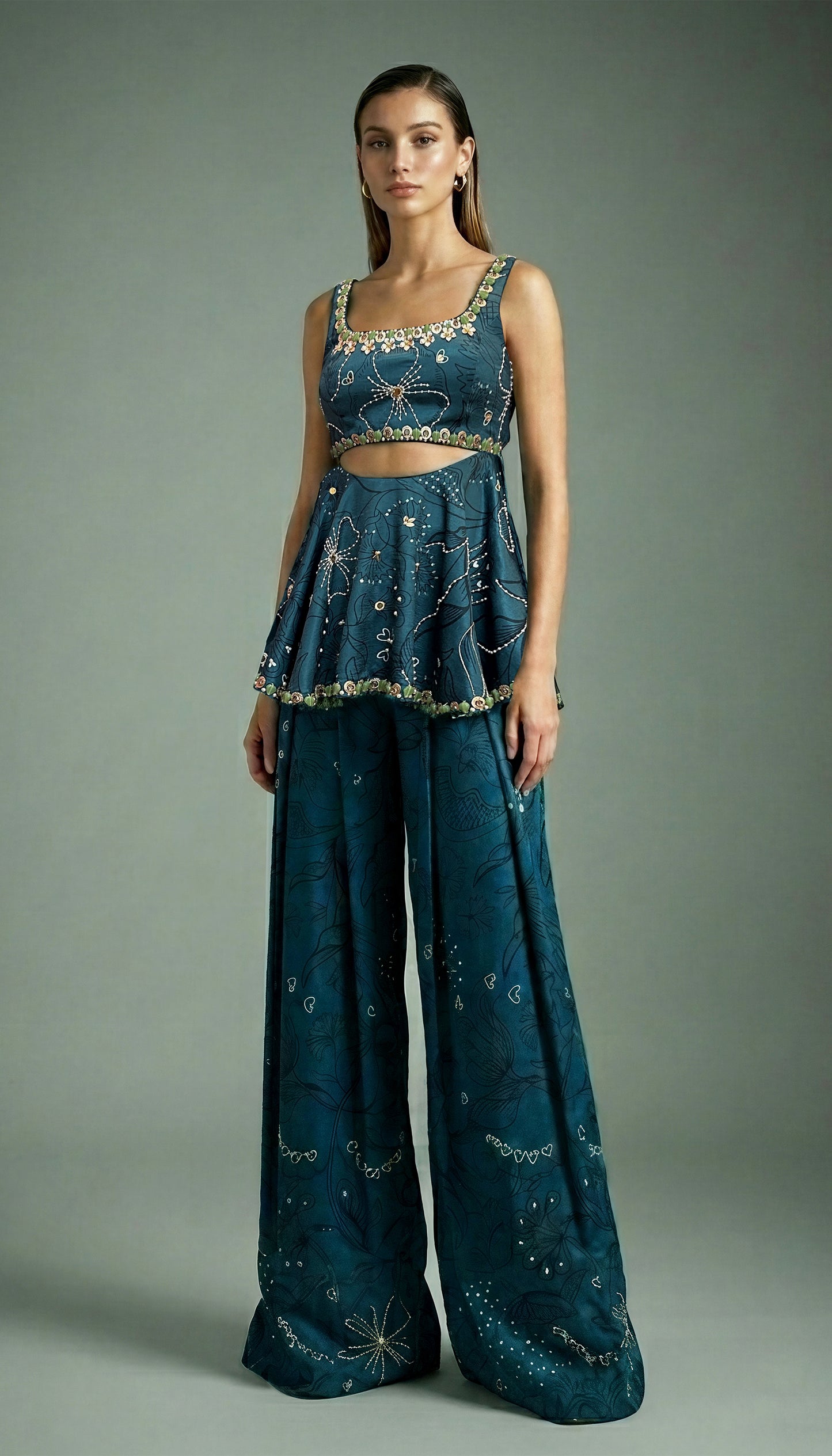 The Teal Painterly Peplum Pant Set