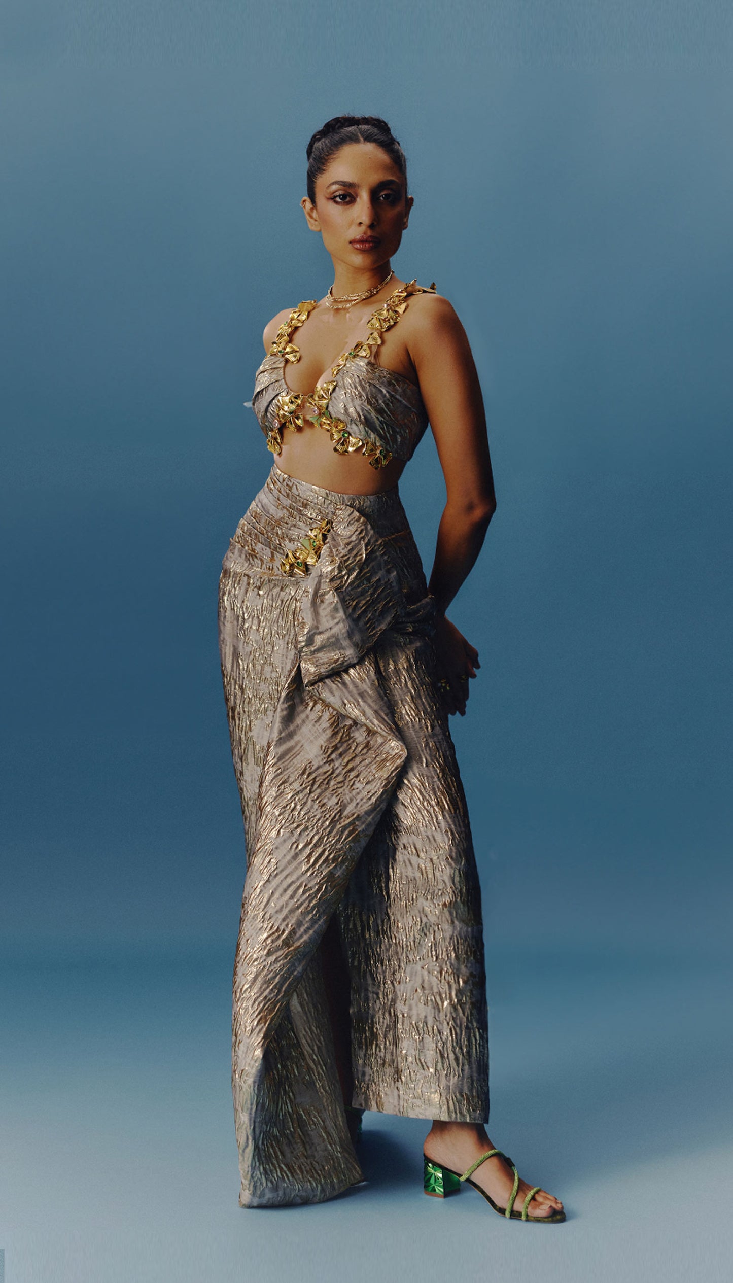 Sobhita in Gold Digger Grey Drape Skirt Set