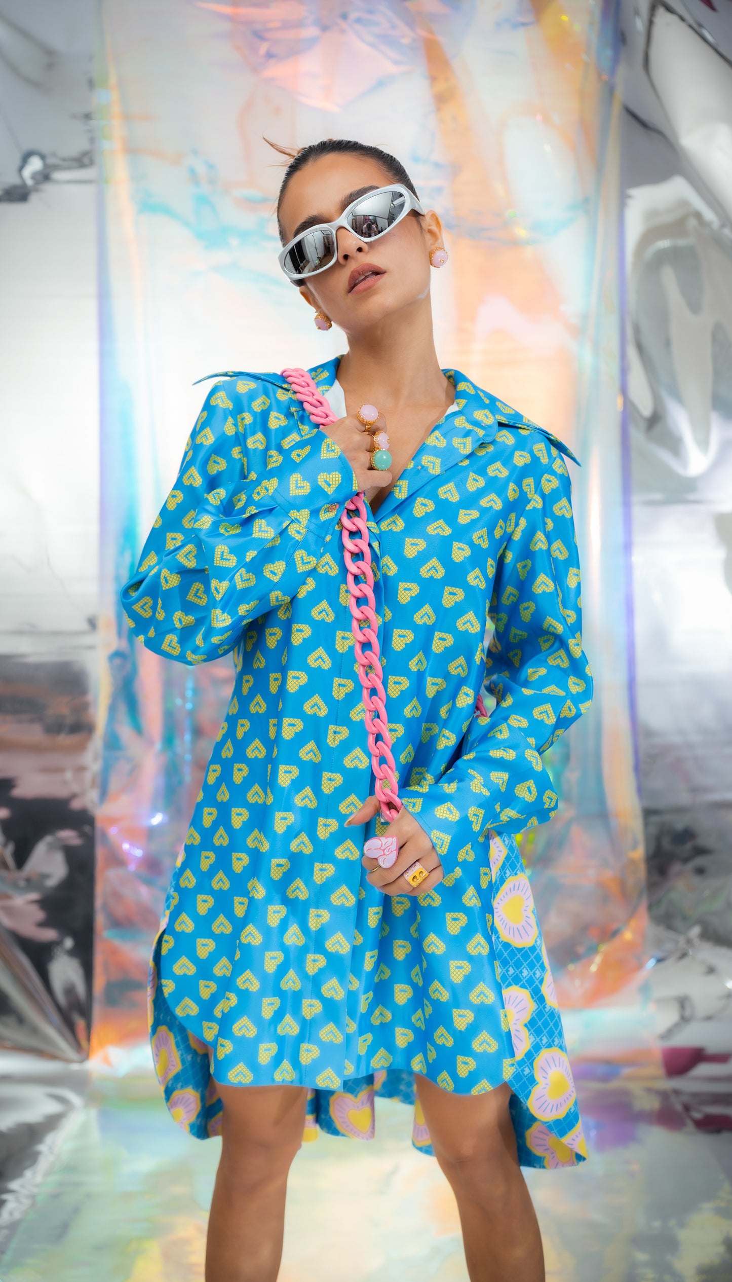Cerulean Blue Shirt Dress in Pac Street girl + Blinding Hearts