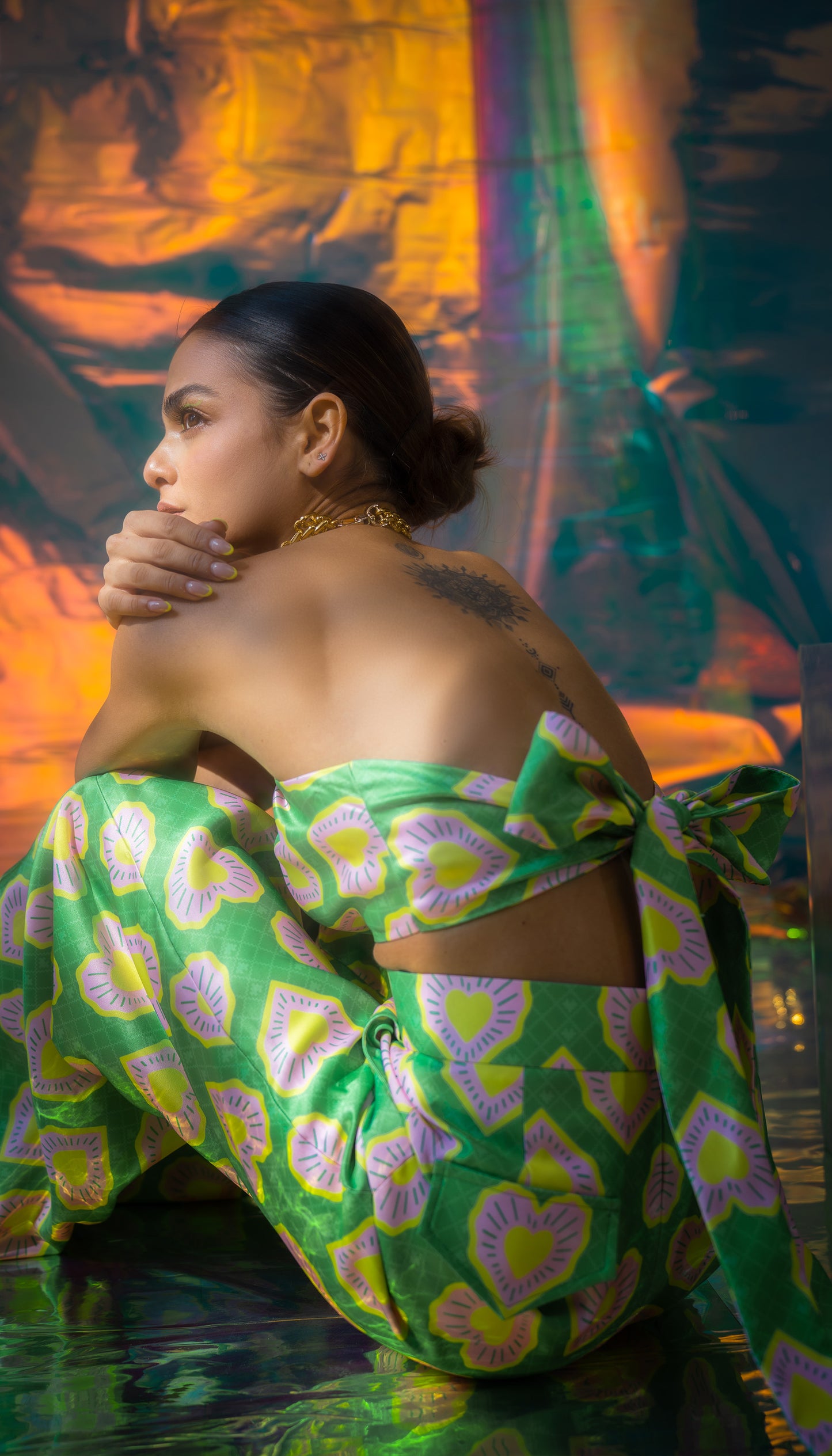 Green Ring Bralette & Pants Set in Blinding hearts