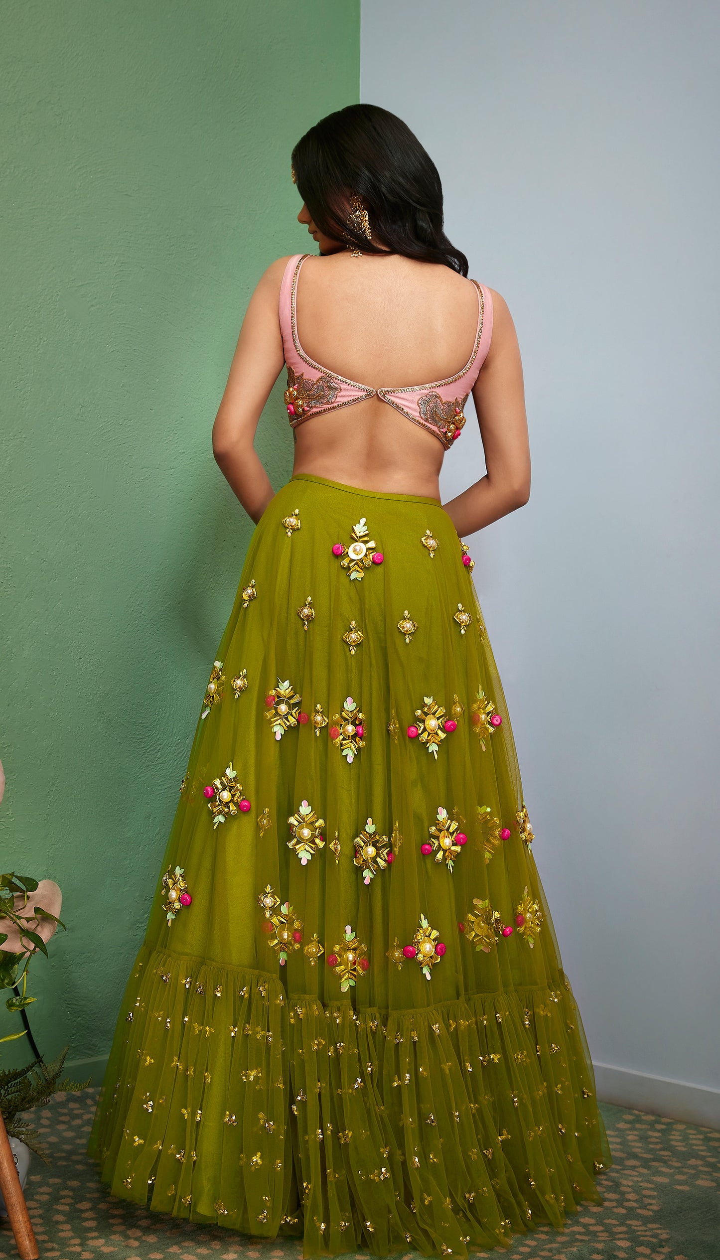 OLIVINE : GREEN EMBELLISHED FULL LEHENGA SET.