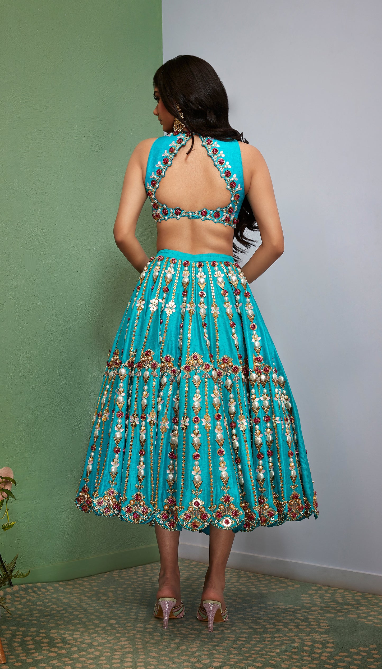 WHO RUN THE WORLD: CERULEAN BLUE EMBELLISHED HALF LEHENGA SET