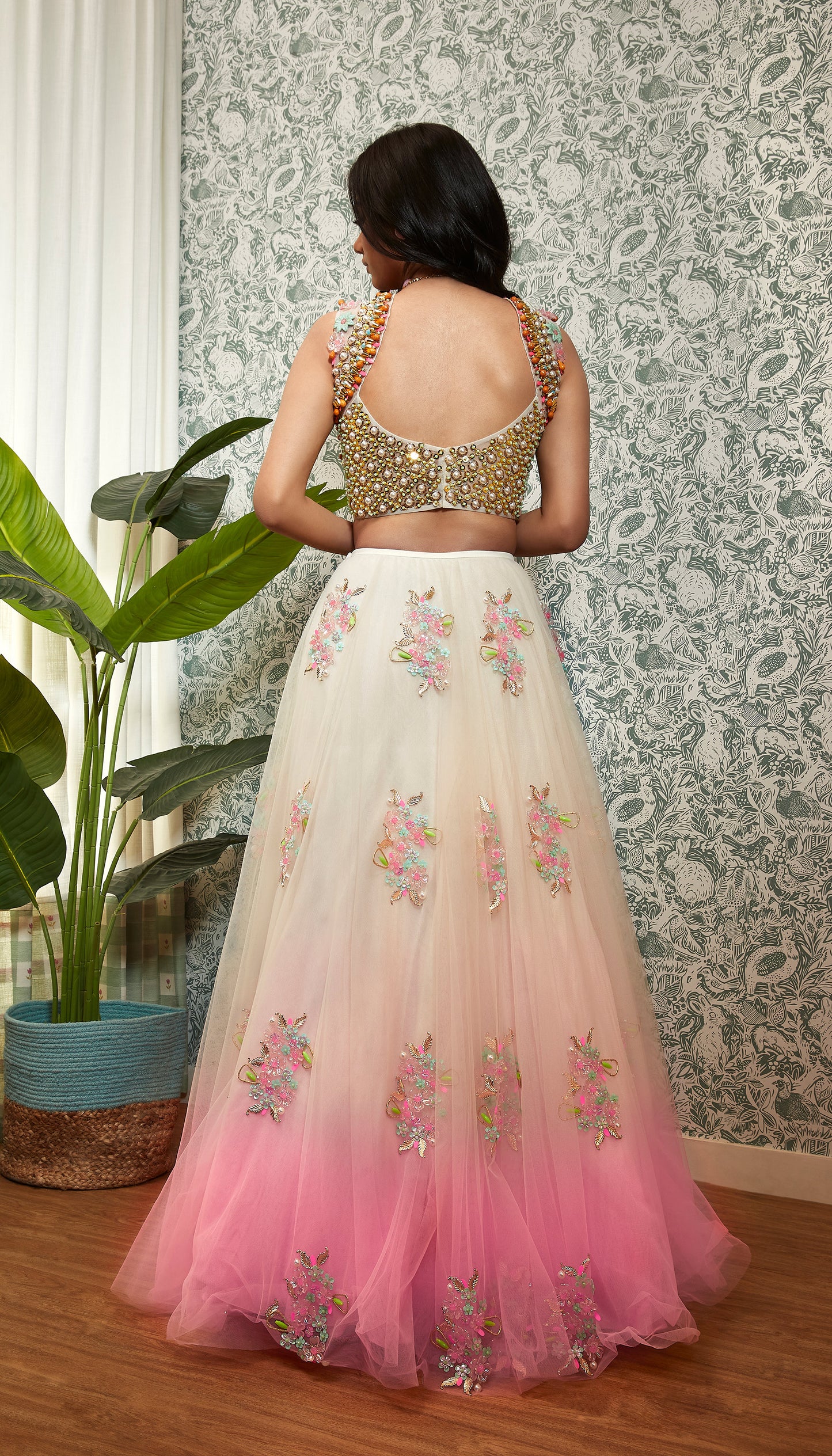 SUMMER LOVE: SHADED WHITE TO PINK EMBELLISHED LEHENGA SET