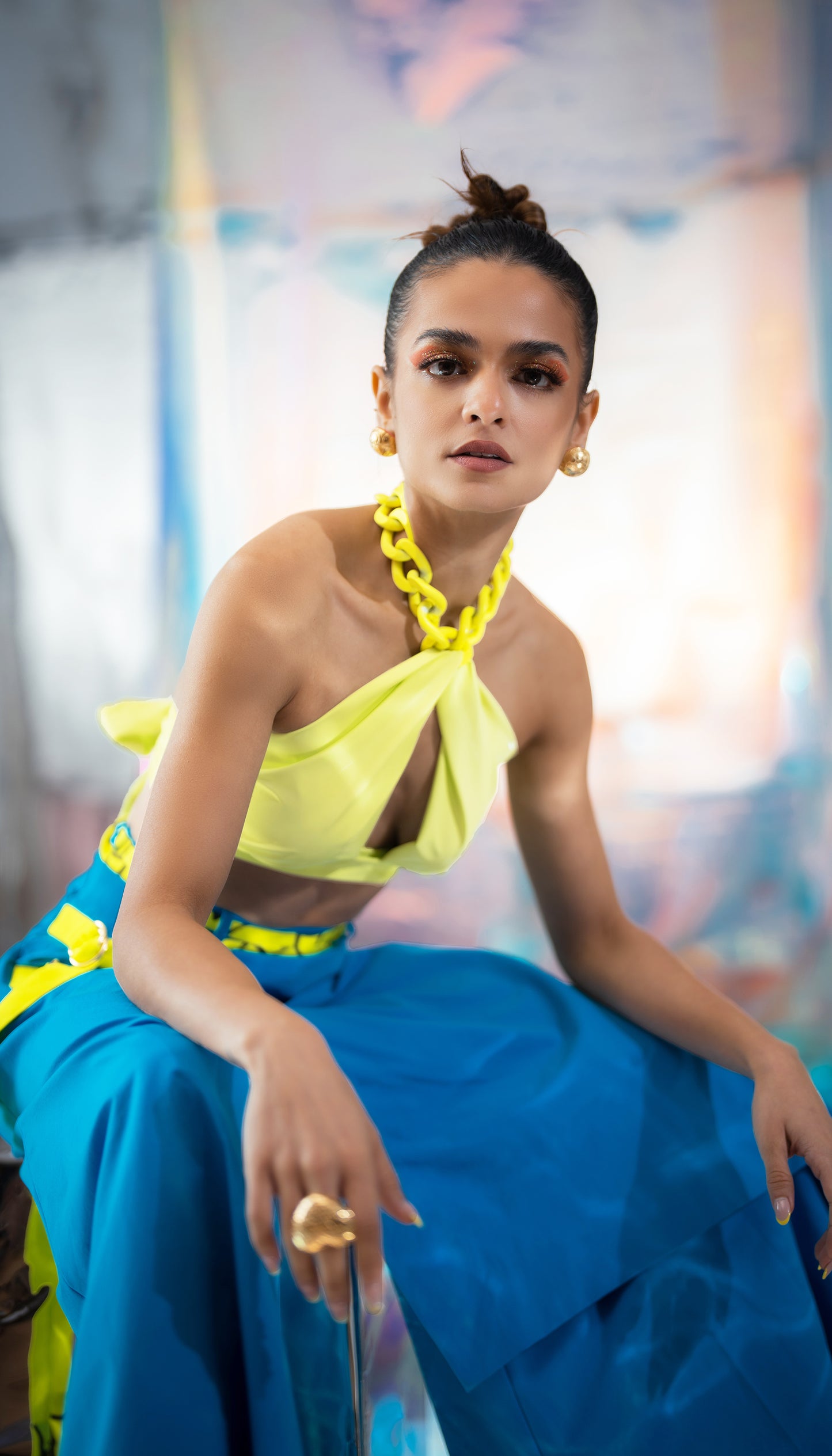 Neon Chain Bralette with Cerulean Blue Japanese Pants