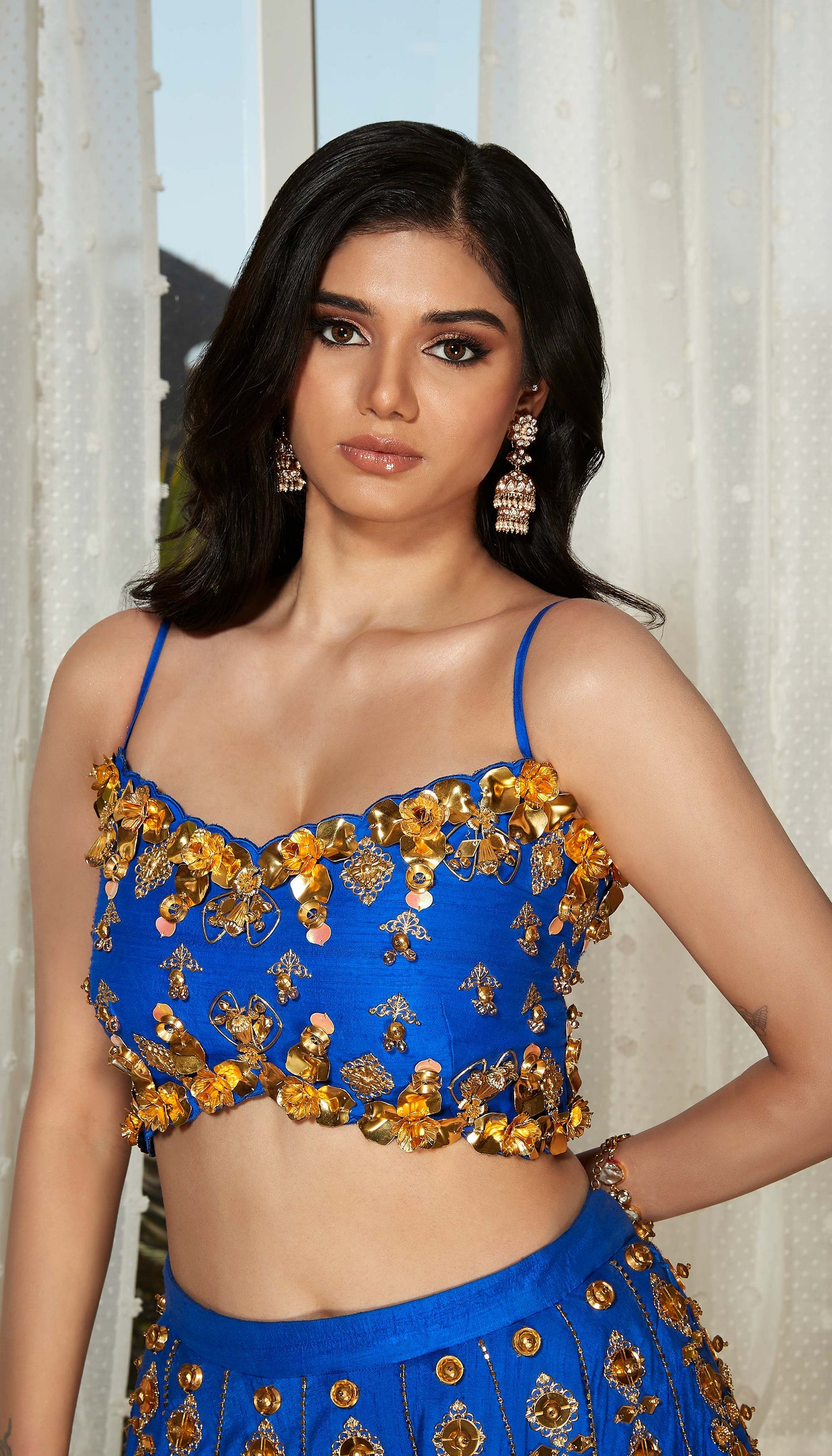 NIGHT BLING : ELECTRIC BLUE EMBELLISHED  HALF LEHENGA