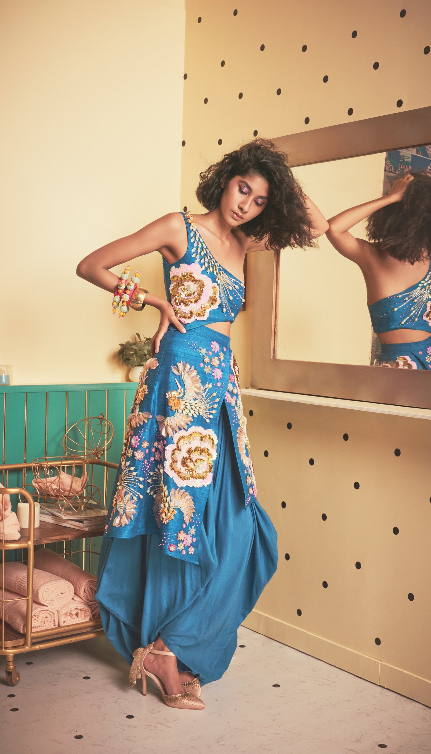 Liza Koshy - COBALT BLUE ONE-SHOULDER DHOTI JUMPSUIT