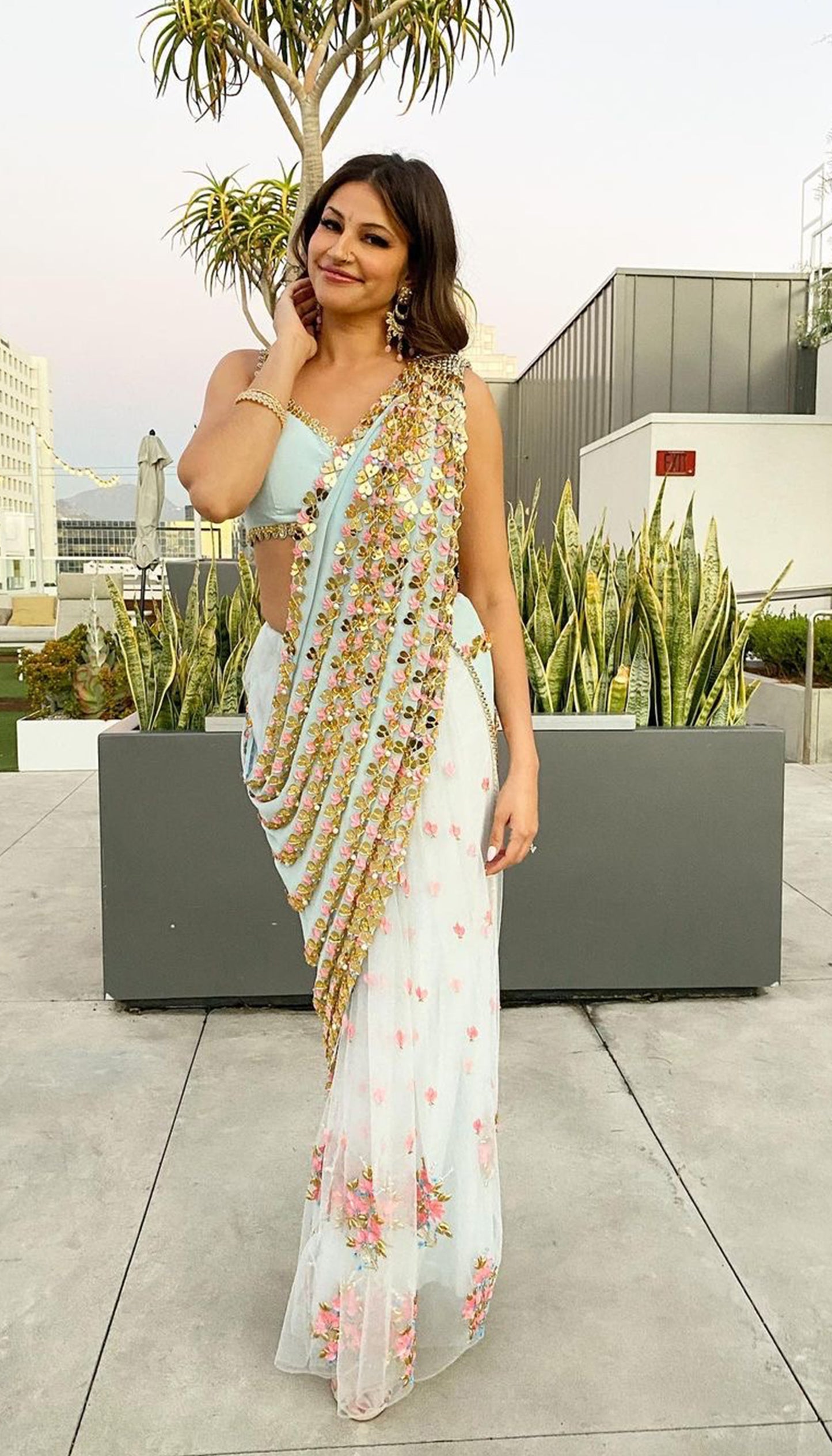 Richa Moorjani - Powder Blue embroidered pre-stitched saree Set