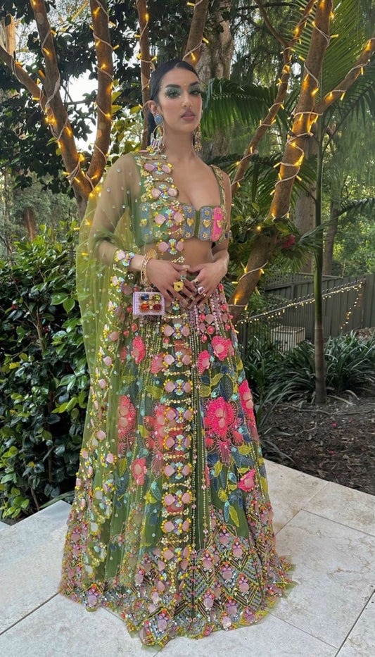 Rowi Singh - I'D WANNA BE ME TOO MOSS GREEN EMBELLISHED FULL LEHENGA SET
