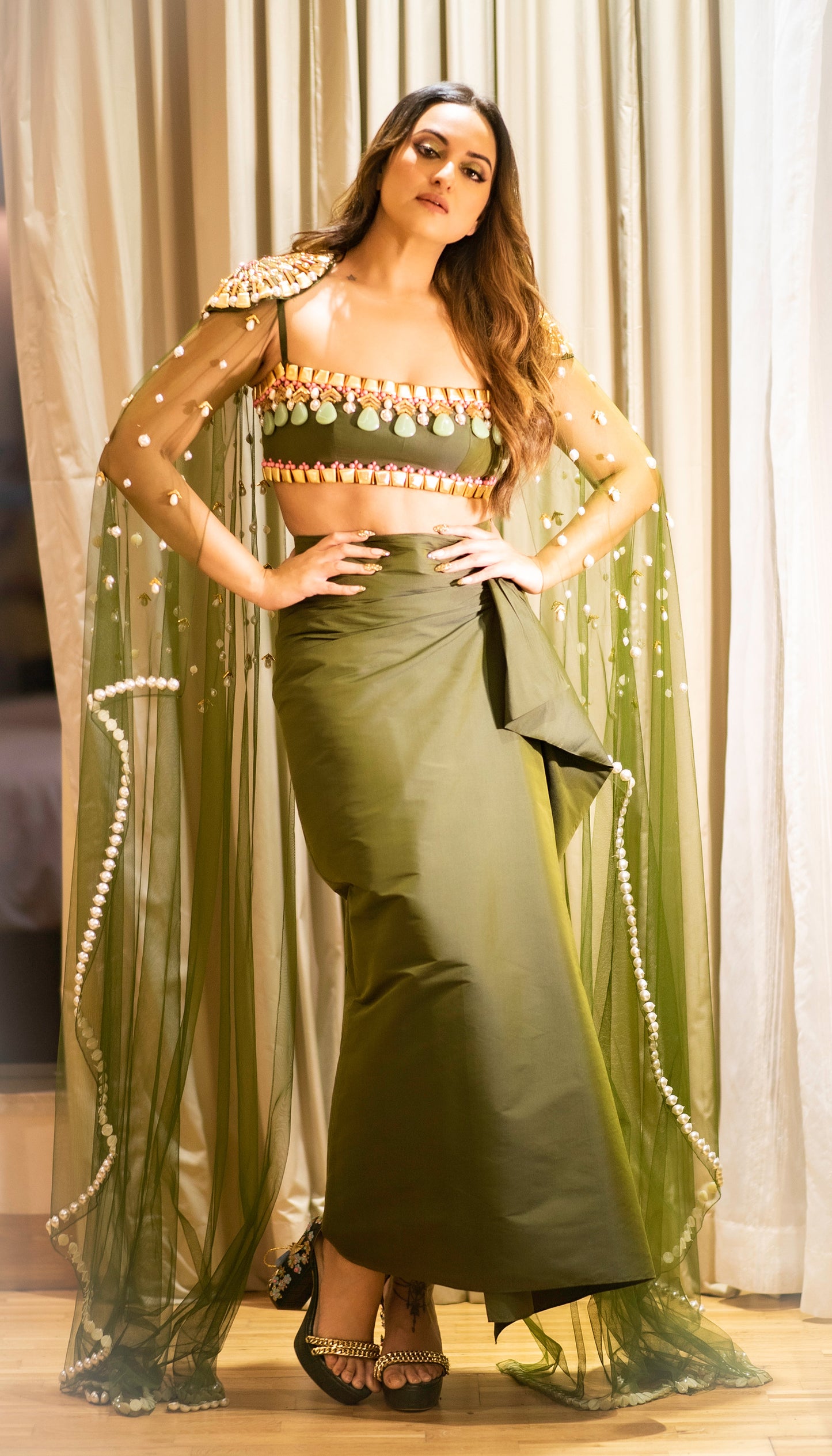 Sonakshi Sinha - MILITARY GREEN EMBELLISHED SKIRT WITH CAPE AND BRALETTE SET