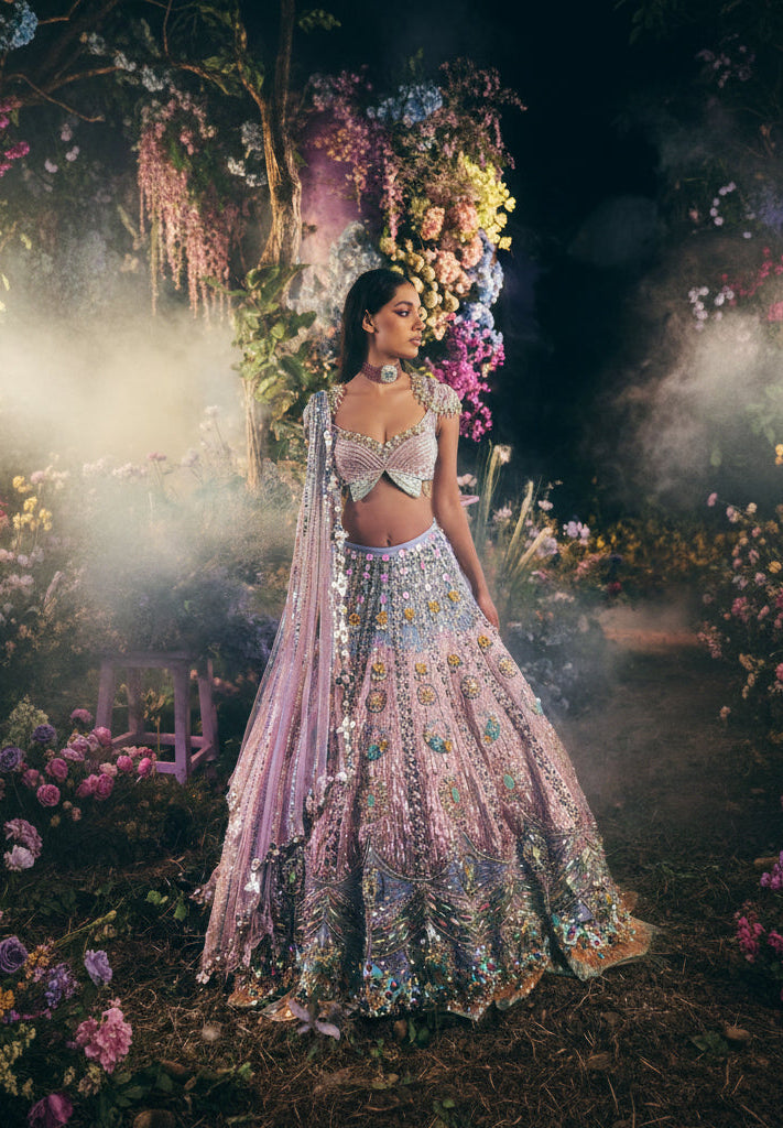 Titania - Lilac & Blue Applique Butterfly Lehenga Set