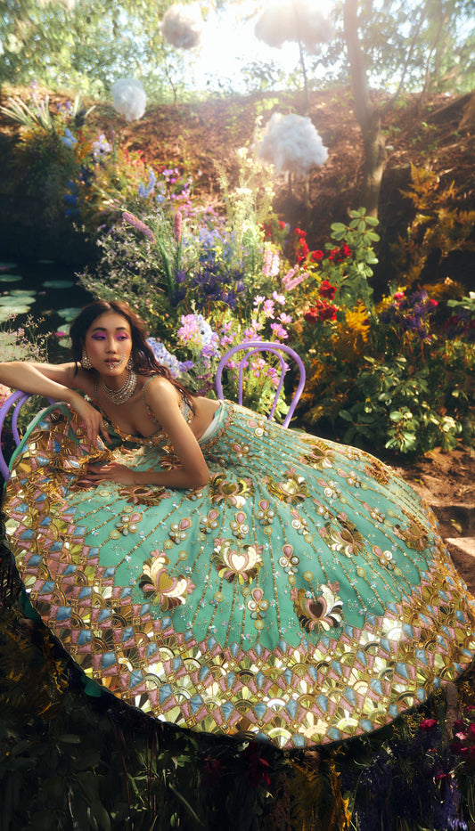 Alexandra in Celeste - Teal Lotus Lehenga Set