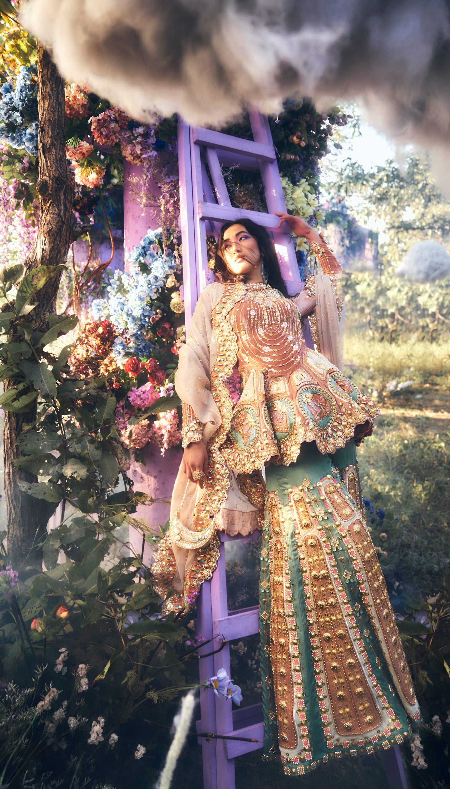 Elvina - Brick Brown, Ivory & Teal Sharara Set