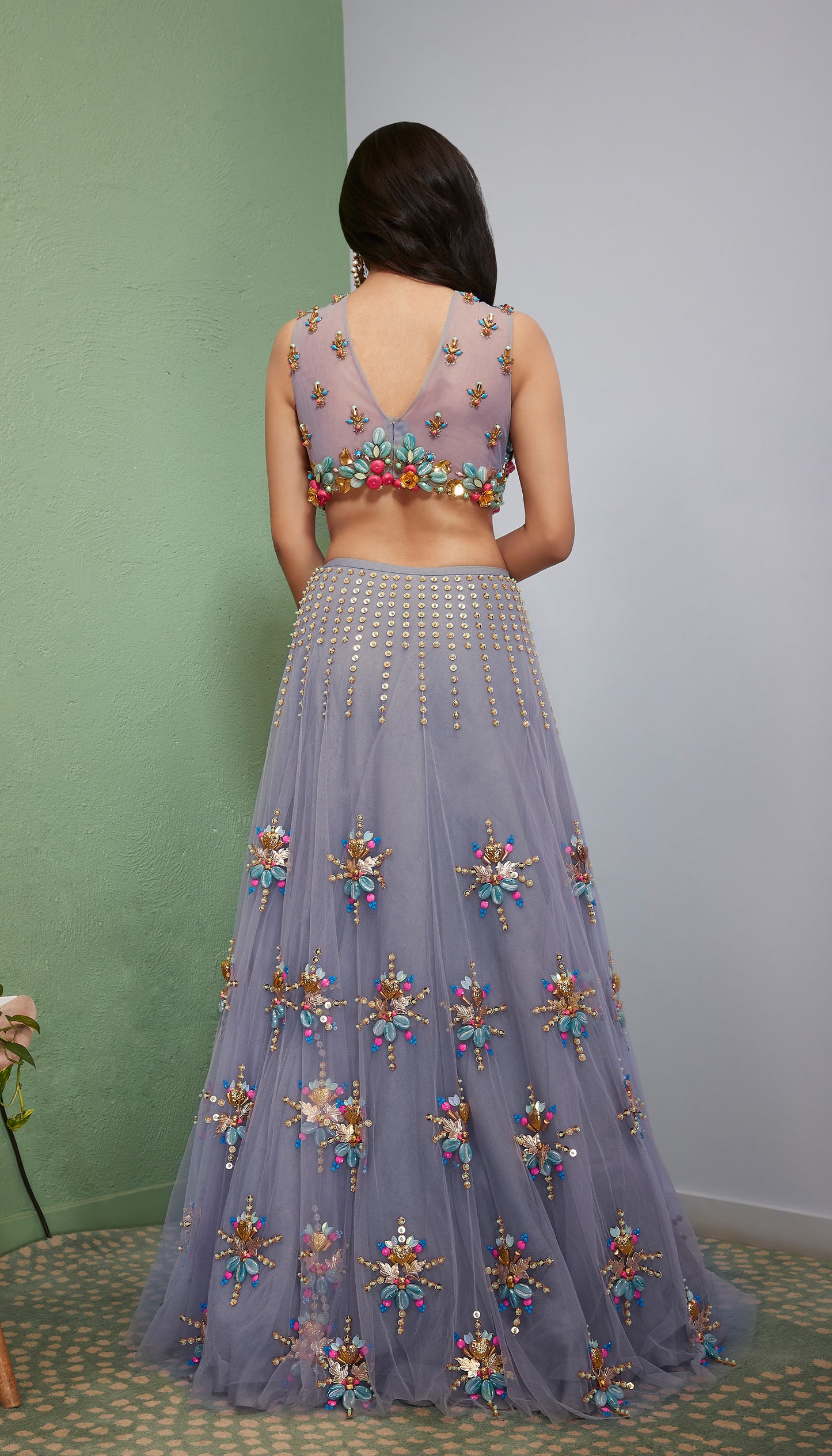 grey lehenga for women back side