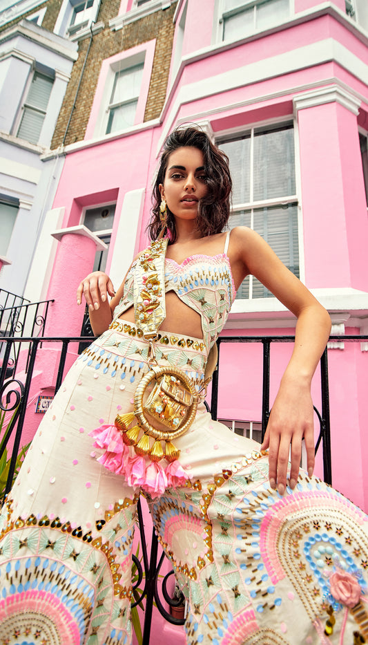 Ivory Embroidered Cut-Out Jumpsuit