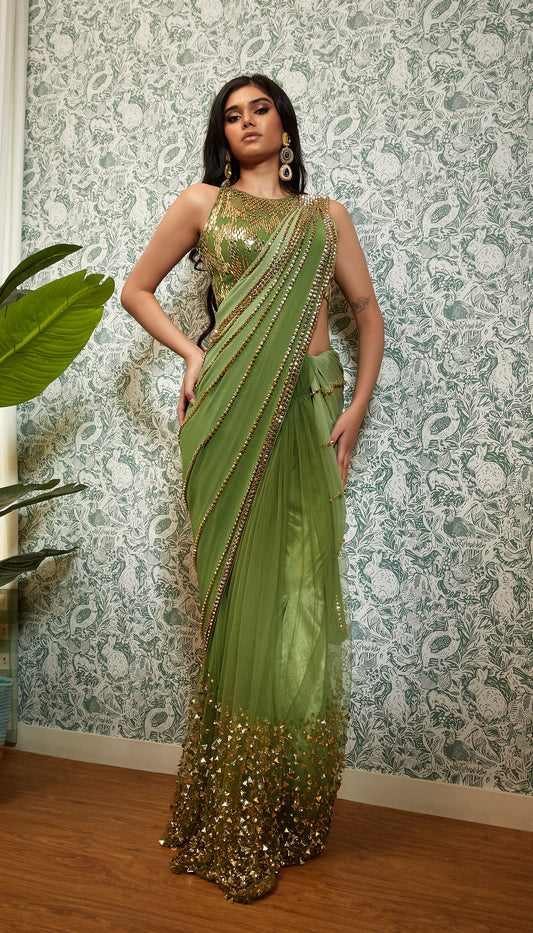 Perfect Times: Olive Shaded Embellished Saree Set