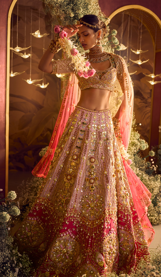 ROSETTA - PEACH AND RED LEHENGA SET