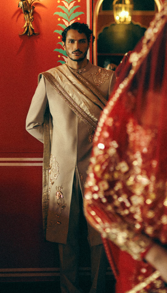 Regal Beige Embellished Long Jacket