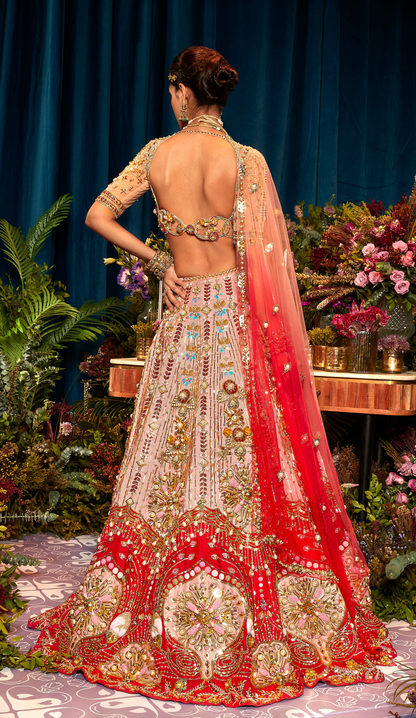 ROSETTA - PEACH AND RED LEHENGA SET