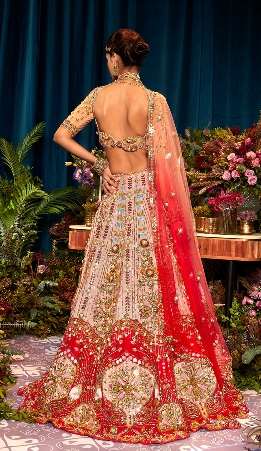 ROSETTA - PEACH AND RED LEHENGA SET