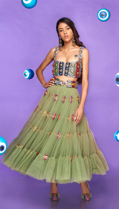 NOT YOUR BABYGIRL - TIERED MOSS GREEN EMBELLISHED HALF LEHENGA  SET