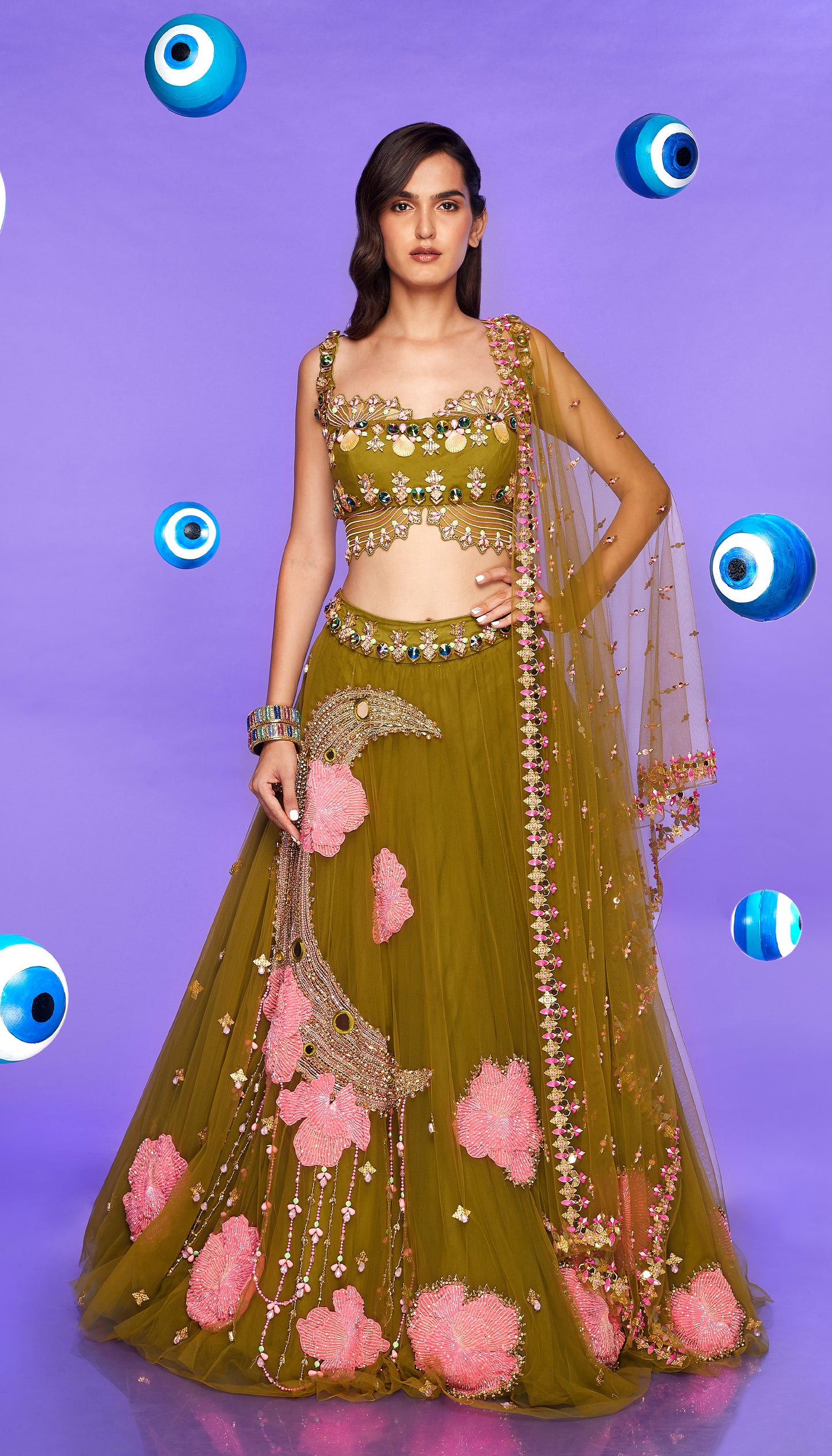 NIGHT BABE - OLIVE GREEN EMBELISHED FULL LEHENGA SET