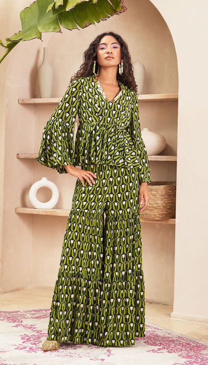 Sara - Green & Black Peplum Top & Pant Set