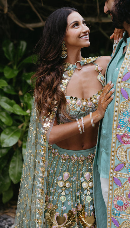 Alexandra in Celeste - Teal Lotus Lehenga Set