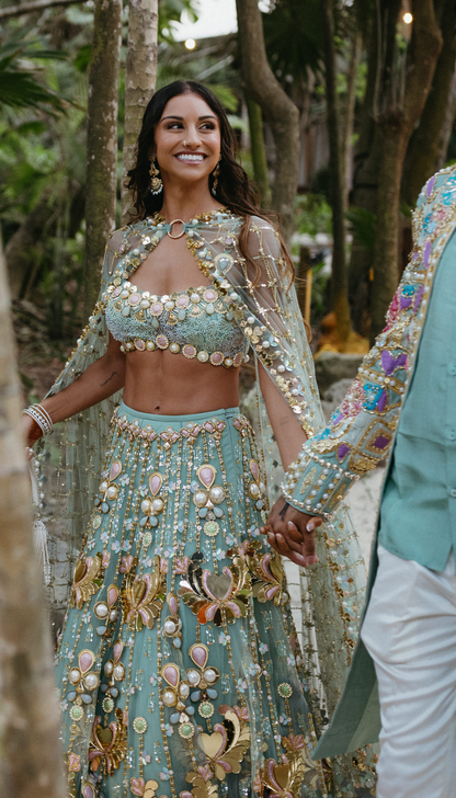 Alexandra in Celeste - Teal Lotus Lehenga Set