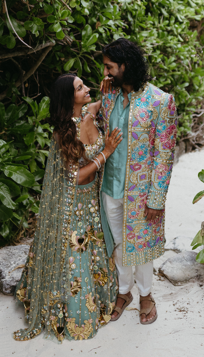 Alexandra in Celeste - Teal Lotus Lehenga Set