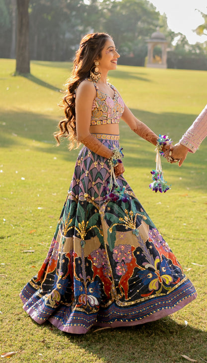 Anisha In Lyons- Tropical Blue Printed And Embellished Full Lehenga