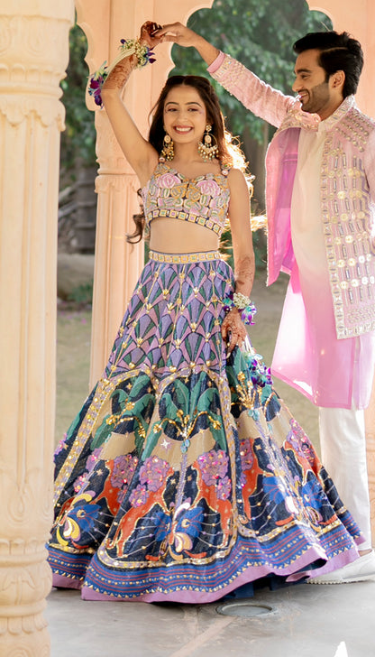 Anisha In Lyons- Tropical Blue Printed And Embellished Full Lehenga