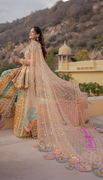 Anjali in Elvina - Brick Brown, Ivory & Teal Sharara Set