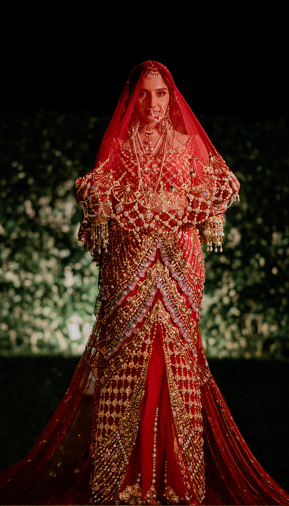 Anukrit In Fiery Red Mermaid Cut Lehenga Set