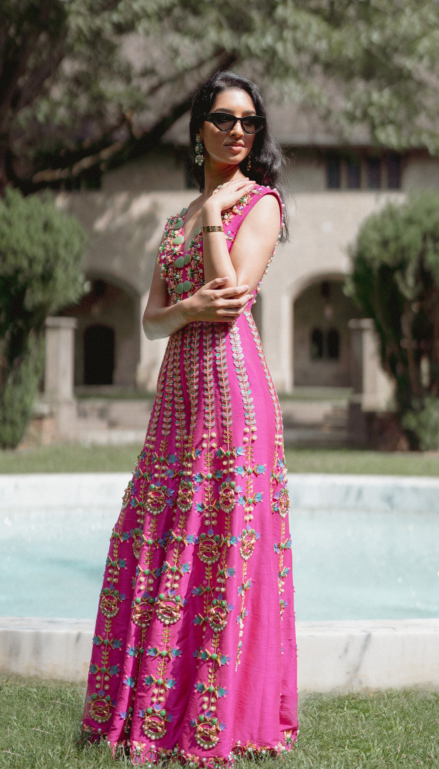Arya in FIERCELY FRENZY - HOT PINK EMBELLISHED JUMPSUIT