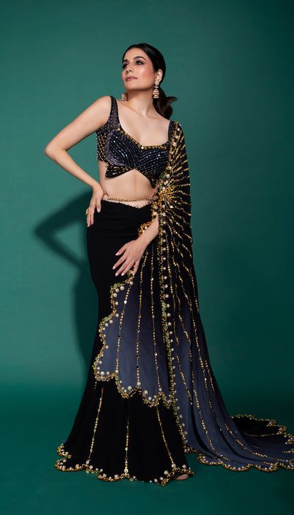 Galena Gold - black pre-stitched saree