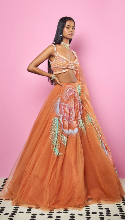 Amita in BRADSHAW - BRICK BROWN EMBELLEISHED LEHENGA SET