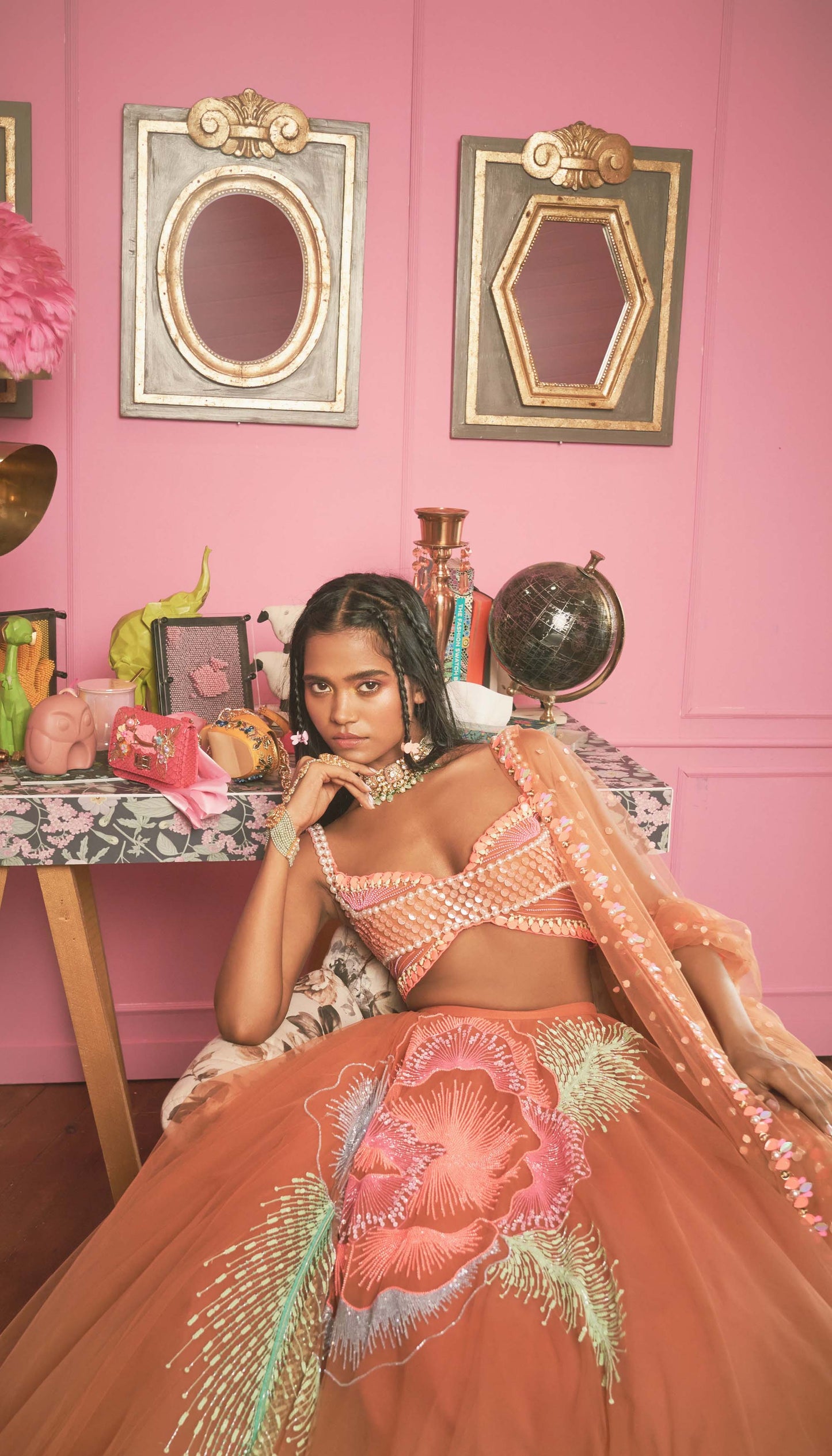 Amita in BRADSHAW - BRICK BROWN EMBELLEISHED LEHENGA SET