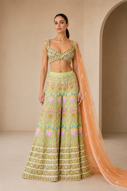 Nova - GREEN SHARARA AND BLOUSE SET - NO DUPATTA
