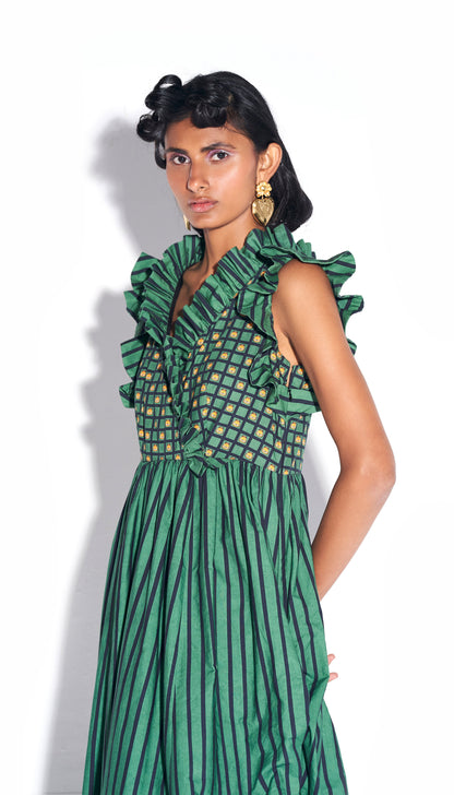 Fuzzy hug - Green Stripe Ruffle Dress