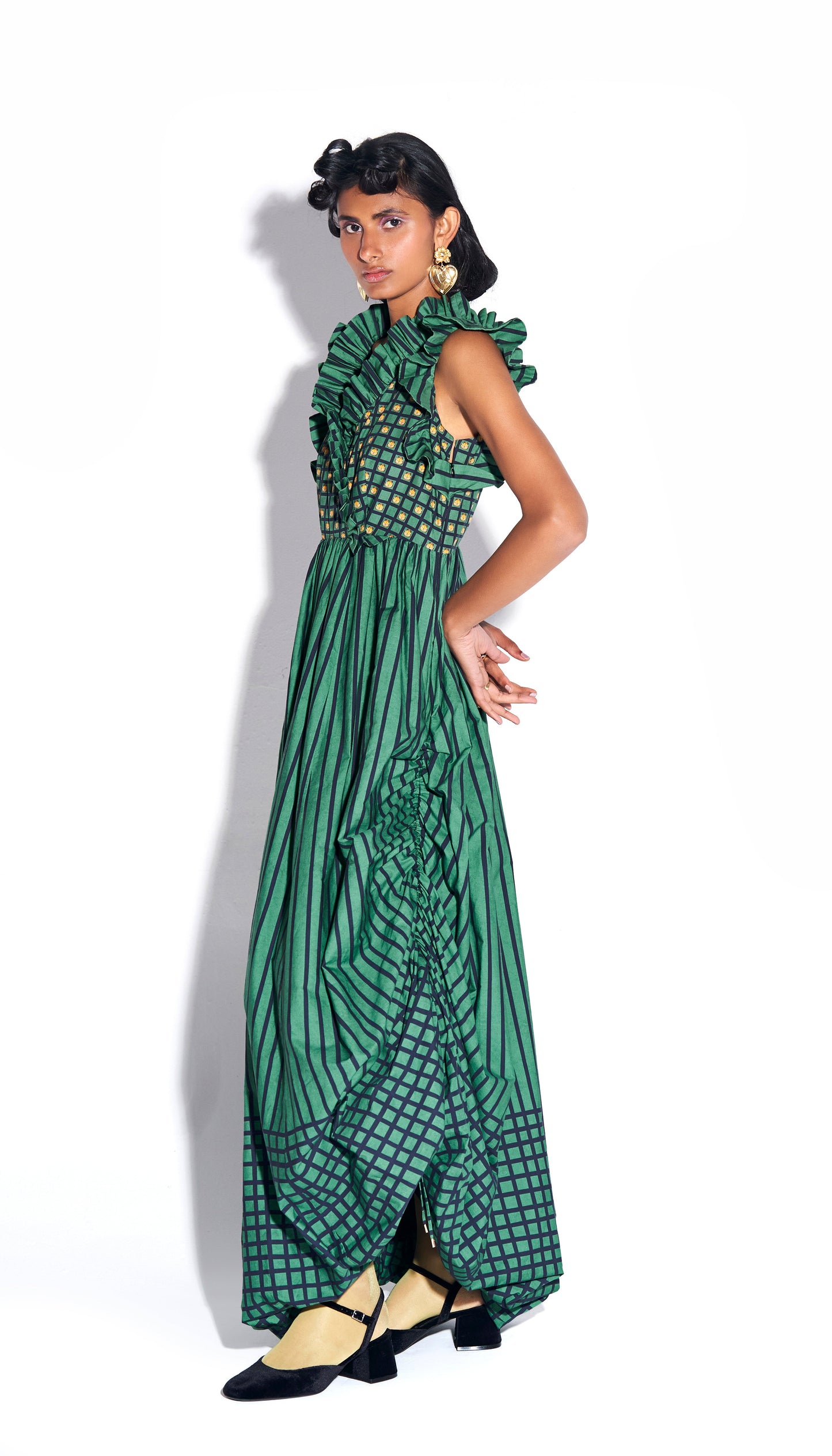 Fuzzy hug - Green Stripe Ruffle Dress