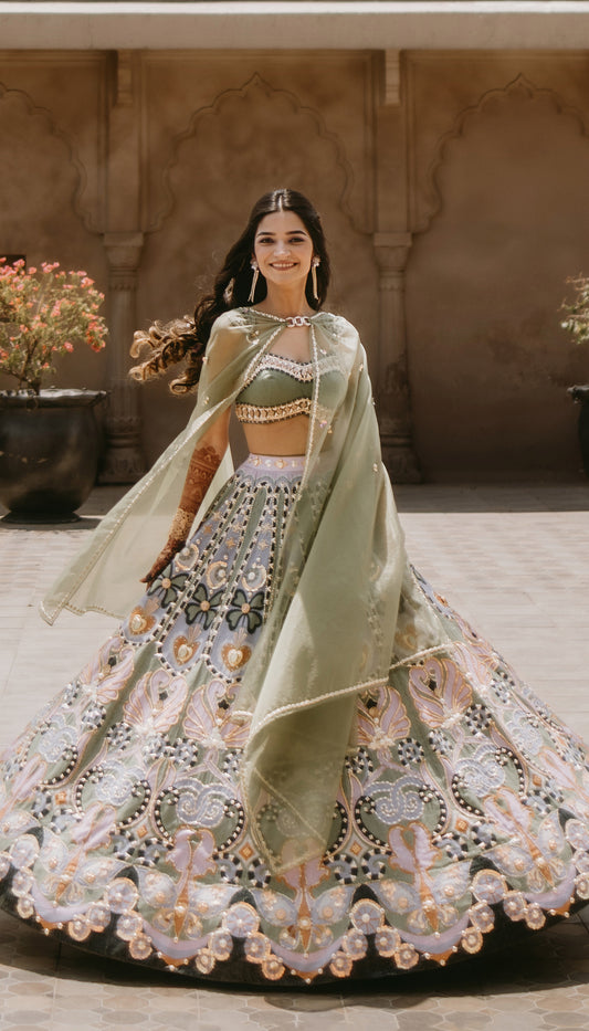 Khushbho in Celtic Hearts Lehenga Set