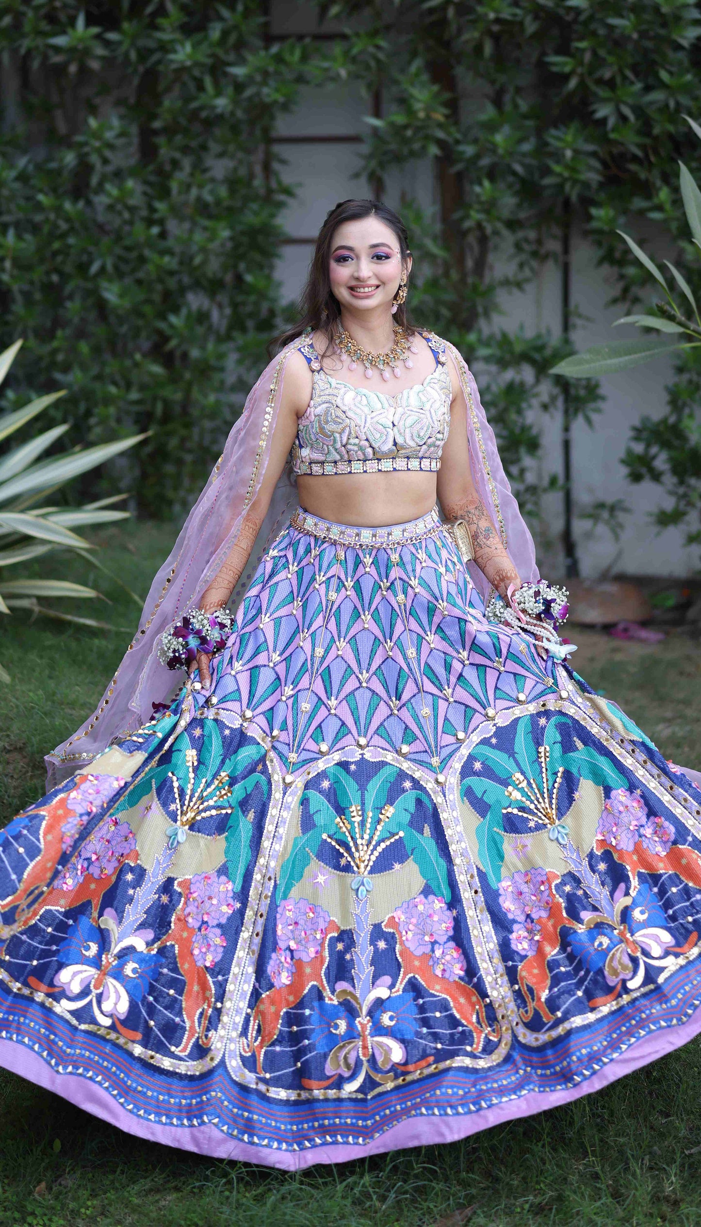 Muskan In Lyons- Tropical Blue Printed And Embellished Full Lehenga