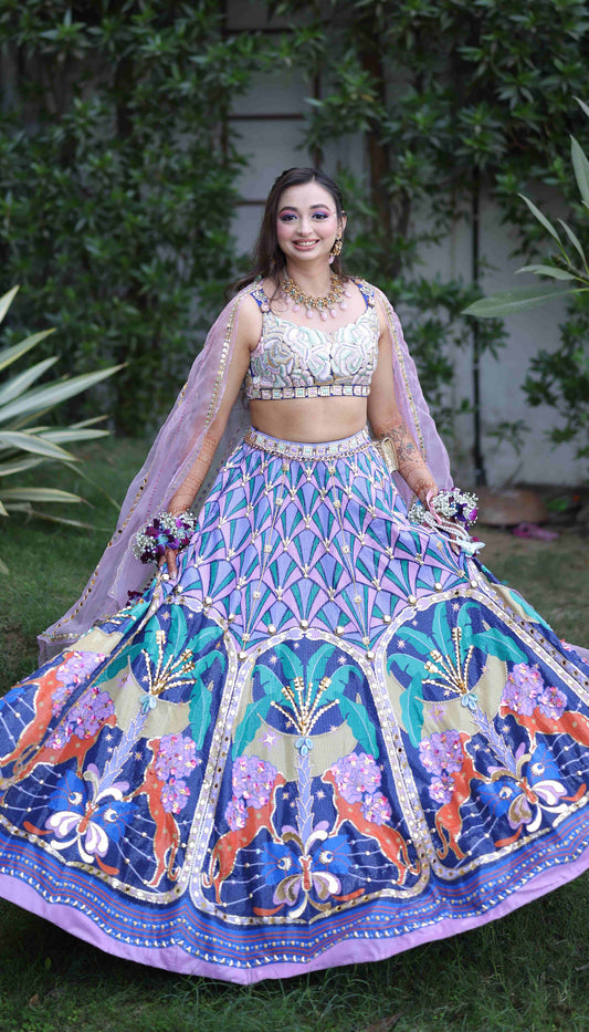 Muskan In Lyons- Tropical Blue Printed And Embellished Full Lehenga