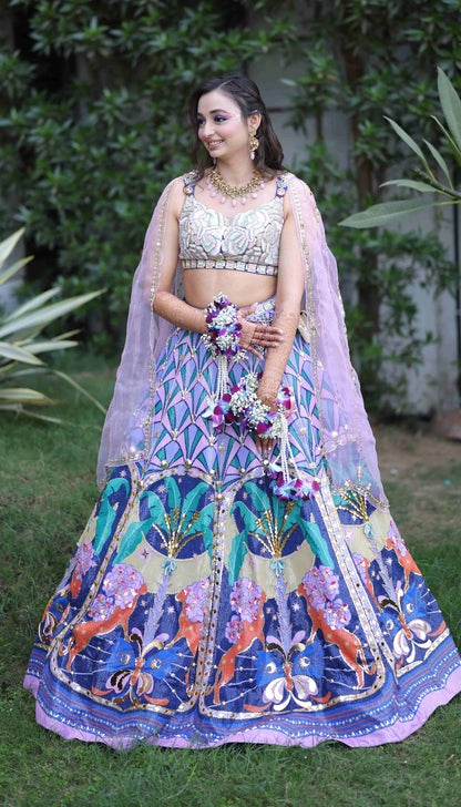 Muskan In Lyons- Tropical Blue Printed And Embellished Full Lehenga