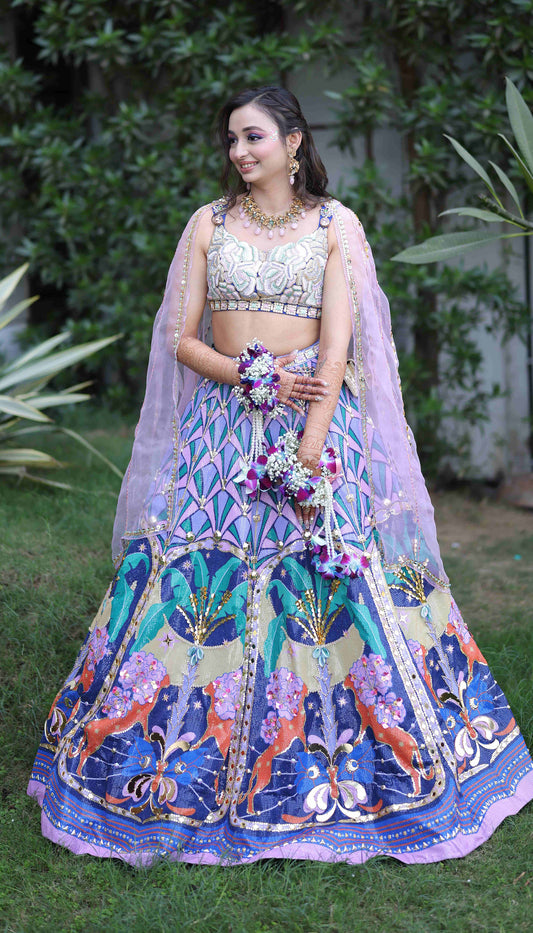 Muskan In Lyons- Tropical Blue Printed And Embellished Full Lehenga